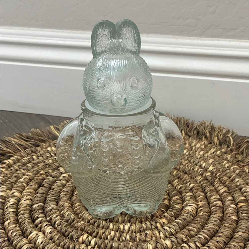 Vintage Clear glass Boy Bunny Candy Jar 6.75” Rabbit